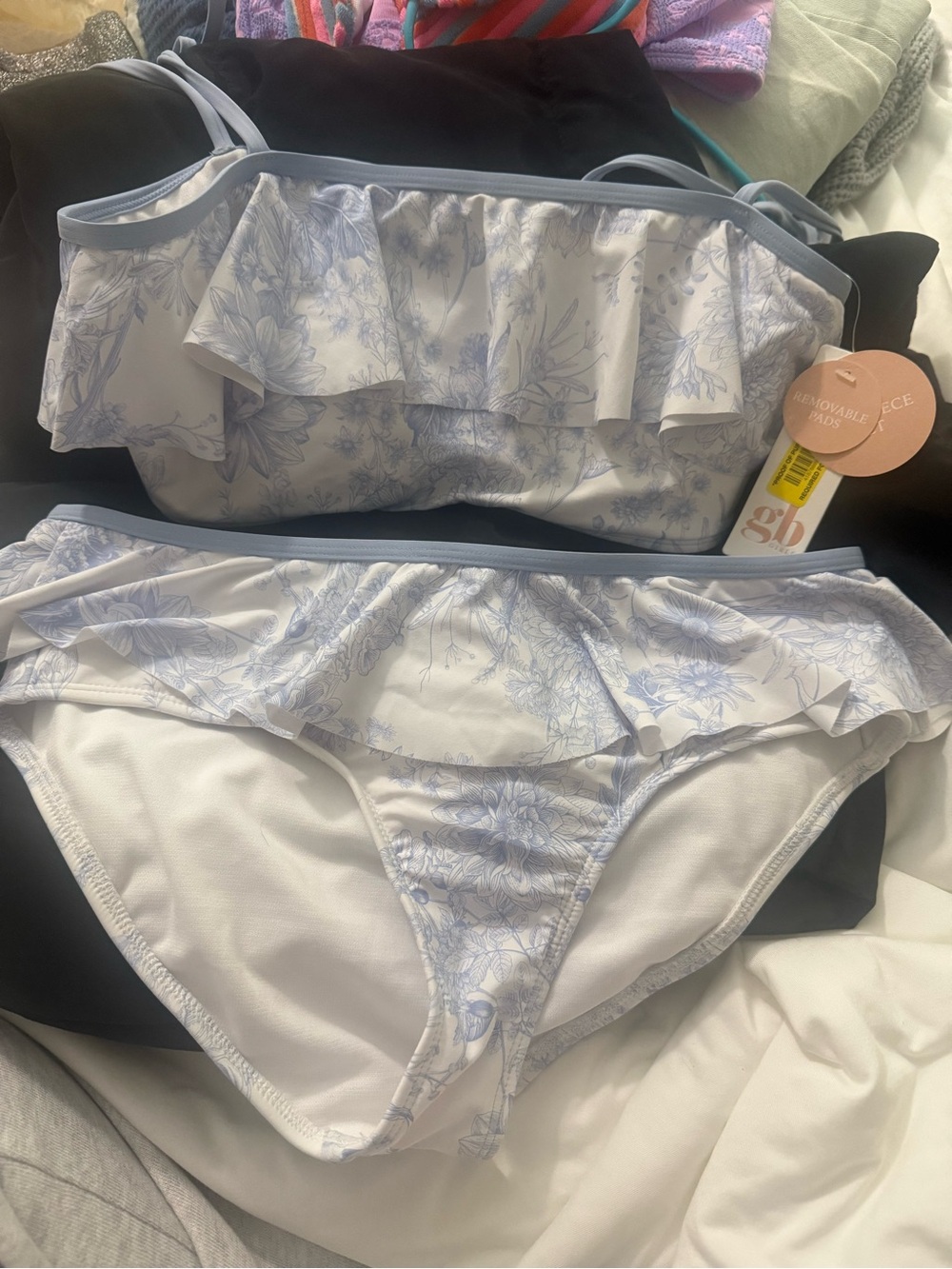 GB girls White and Light Blue Floral Ruffle Bikini Set